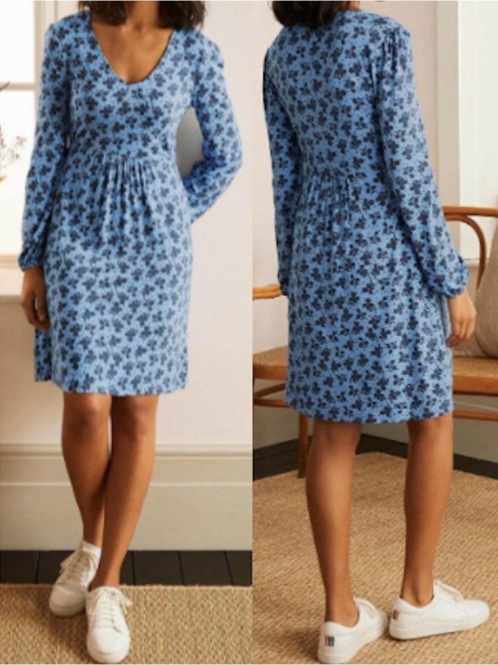 BODEN Hattie Jersey Dress Clover Floral Print Blue Stretch Long Sleeve Flowy 10R